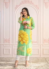 Green & Yellow Printed Viscose Kurta with Button Details-P1334GREEN