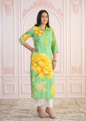 Green & Yellow Printed Viscose Kurta with Button Details-P1334GREEN