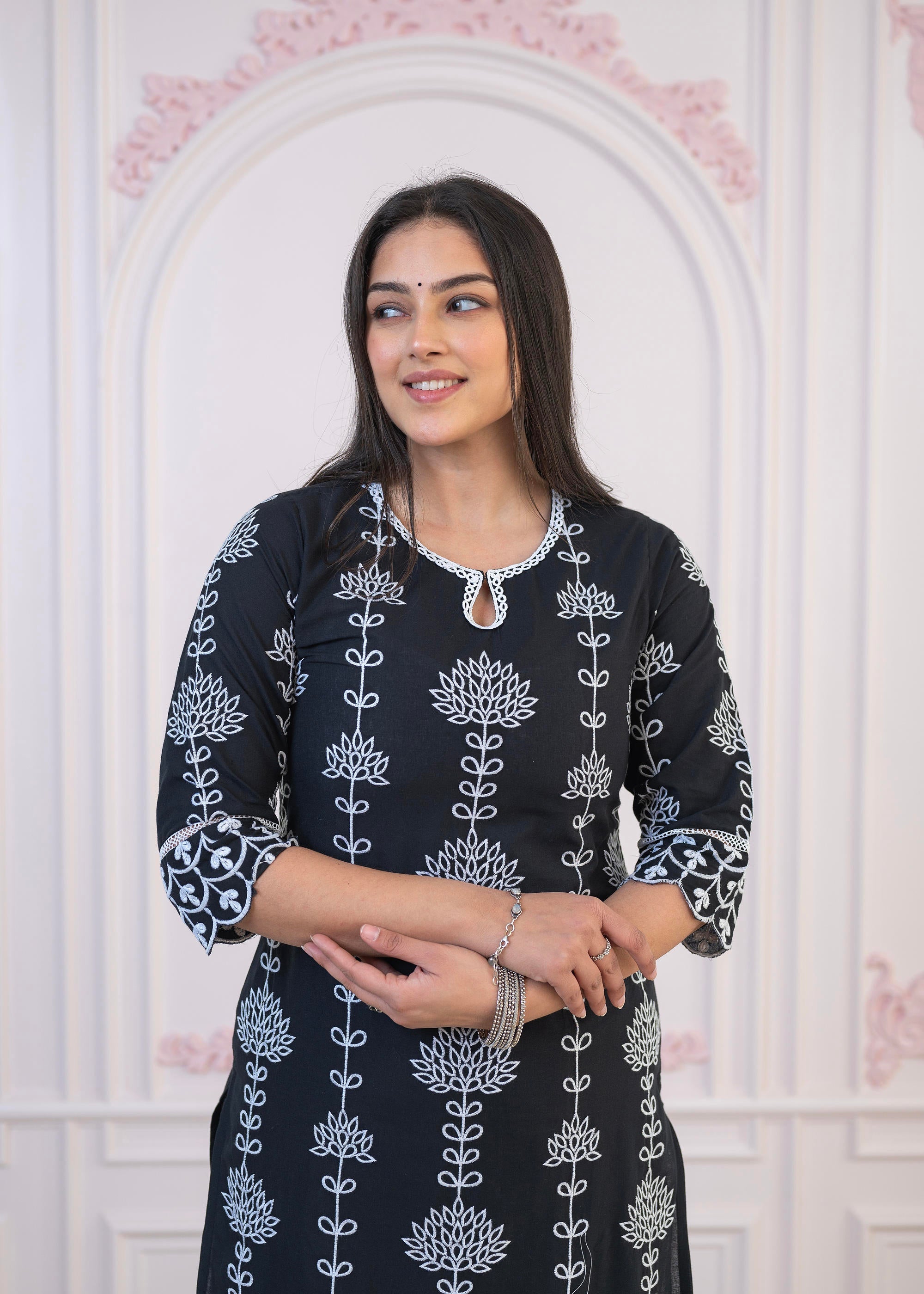 Black Cotton Slub Embroidered Kurta-Pant Set with Thread Work & Cotton