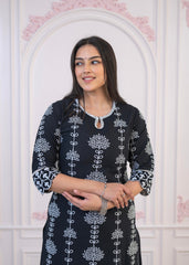 Black Cotton Slub Embroidered Kurta-Pant Set with Thread Work & Cotton Lace