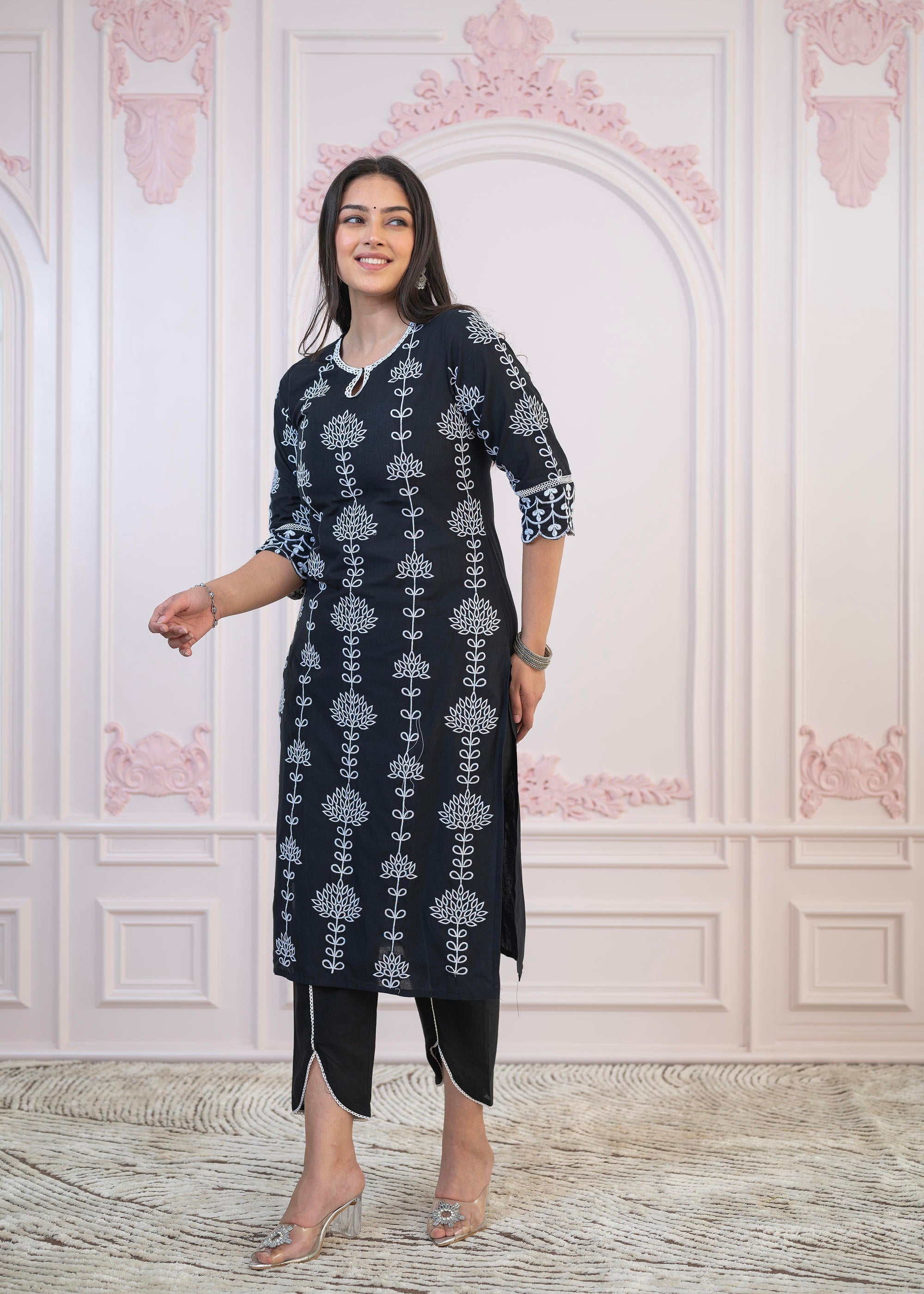 Black Cotton Slub Embroidered Kurta-Pant Set with Thread Work & Cotton