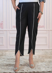 Black Cotton Slub Embroidered Kurta-Pant Set with Thread Work & Cotton Lace