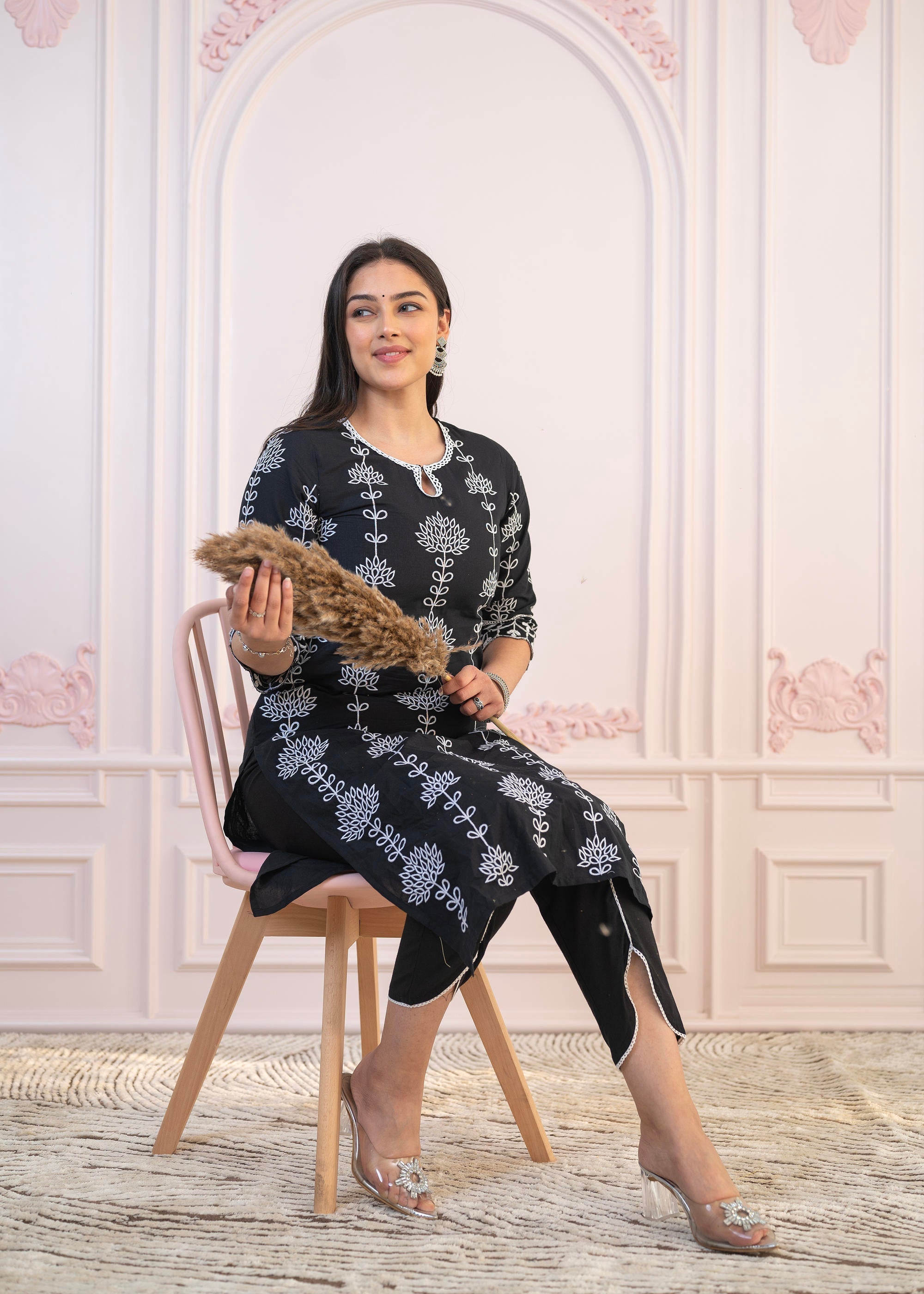 Black Cotton Slub Embroidered Kurta-Pant Set with Thread Work & Cotton