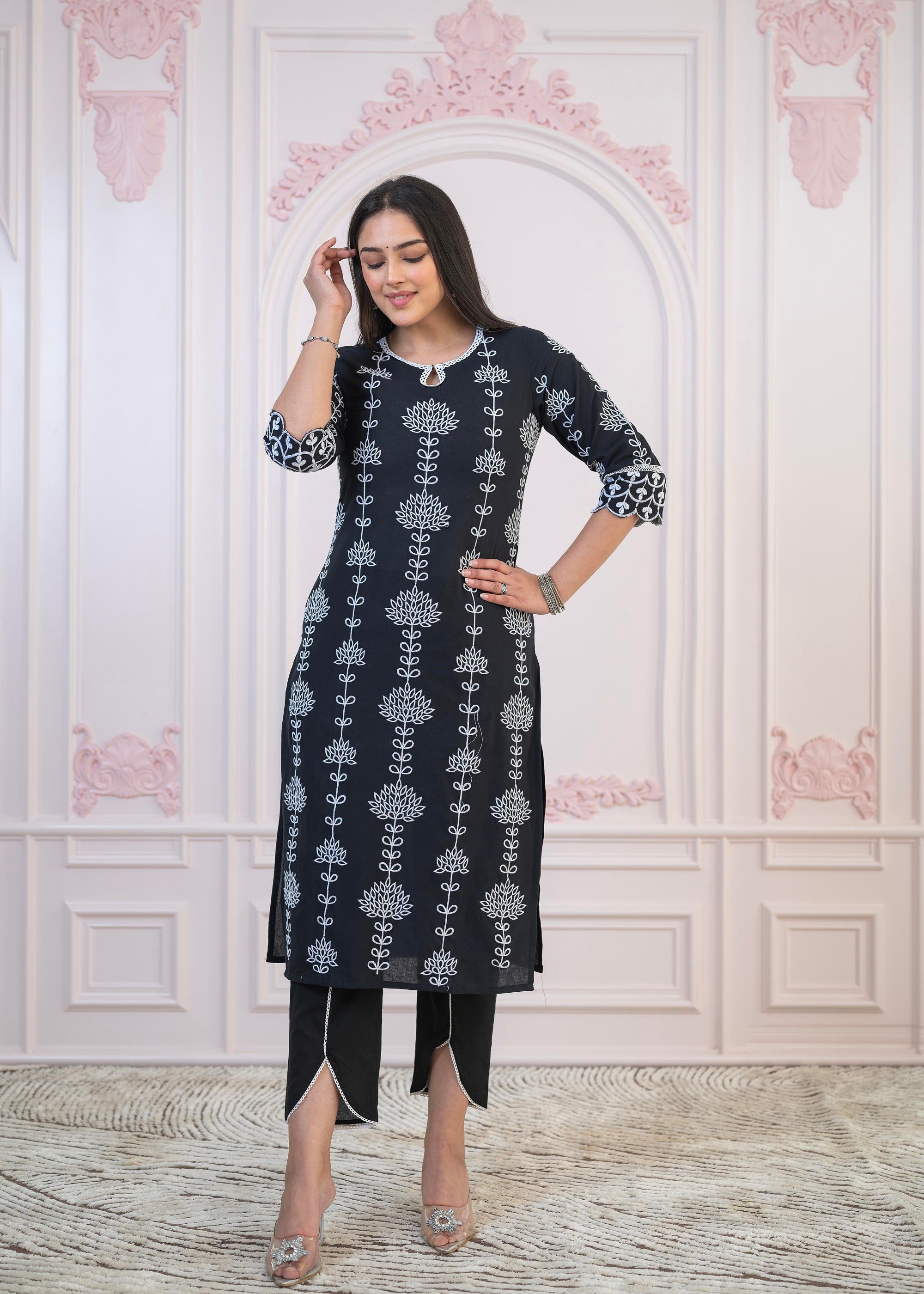 Black Cotton Slub Embroidered Kurta-Pant Set with Thread Work & Cotton