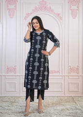 Black Cotton Slub Embroidered Kurta-Pant Set with Thread Work & Cotton Lace