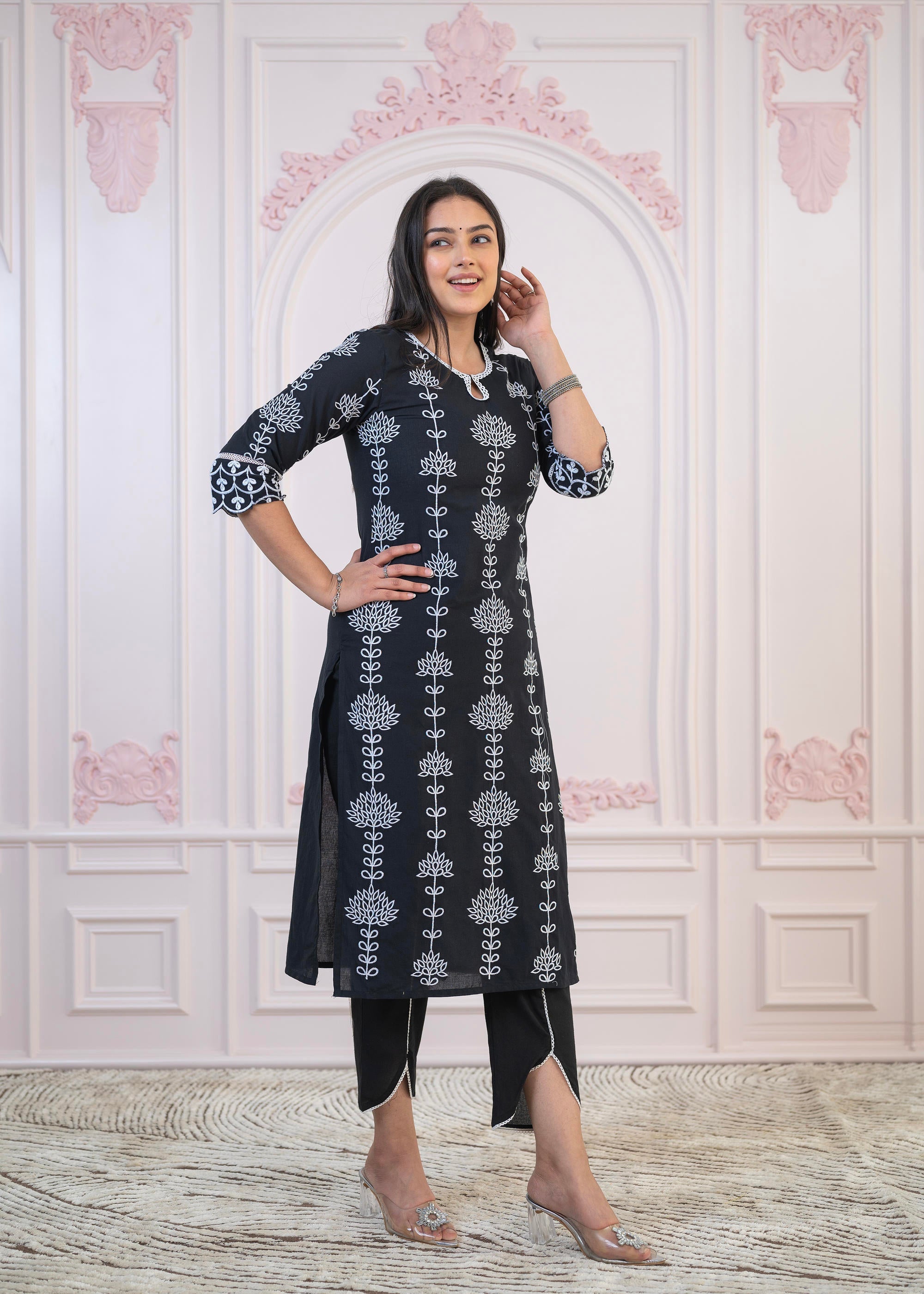 Black Cotton Slub Embroidered Kurta-Pant Set with Thread Work & Cotton