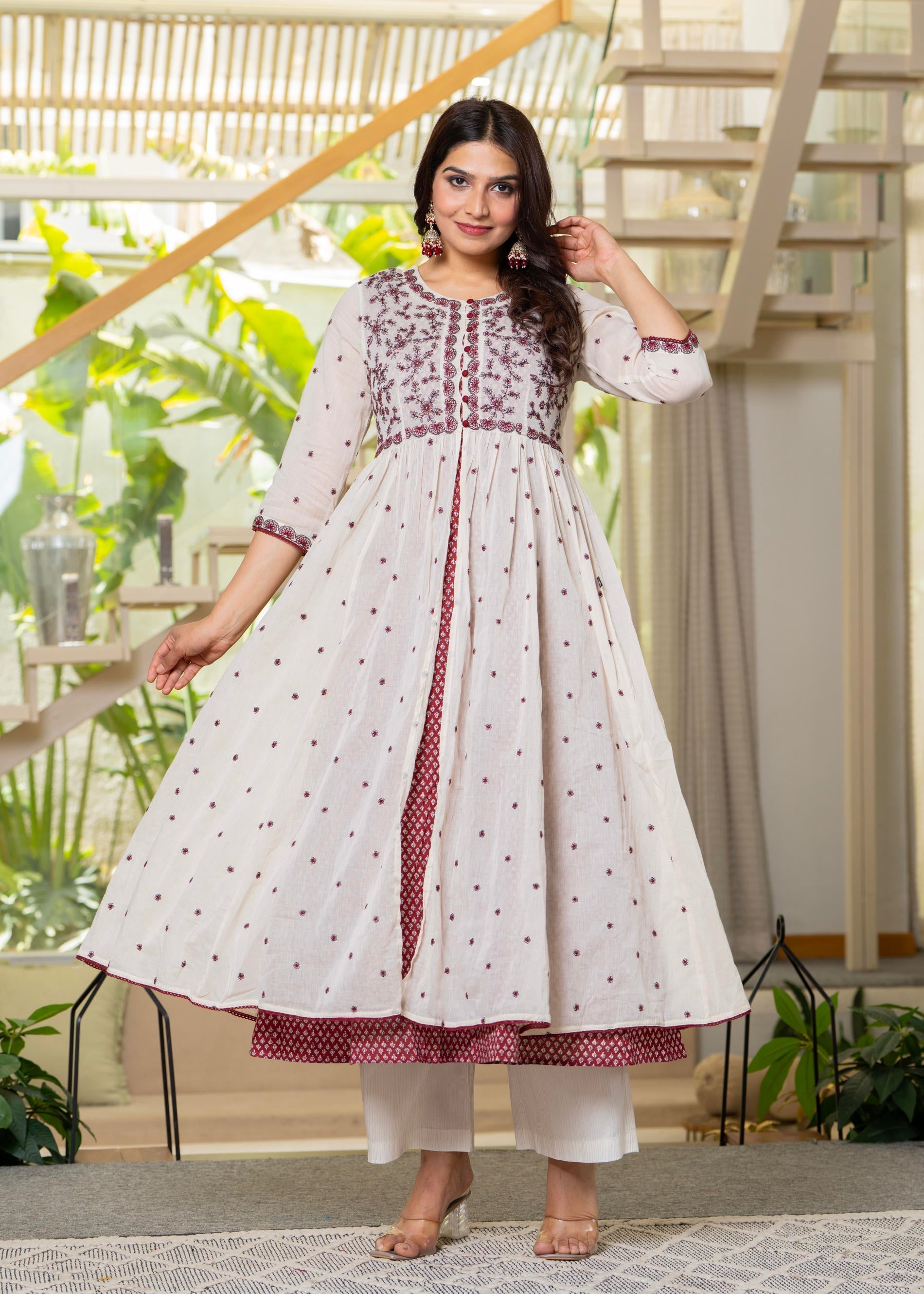 Cotton Fit & Flare Layered Dress with Thread Work & Buttons | DesiQlo
