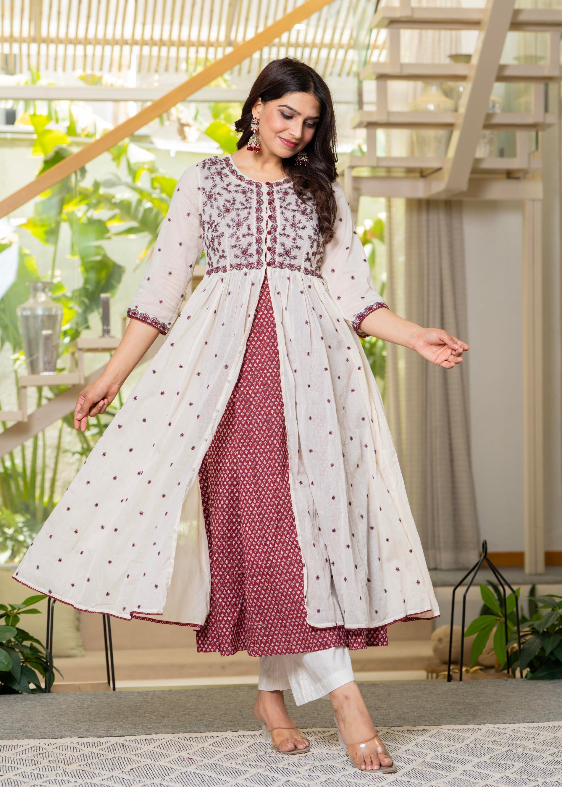 Cotton Fit & Flare Layered Dress with Thread Work & Buttons | DesiQlo