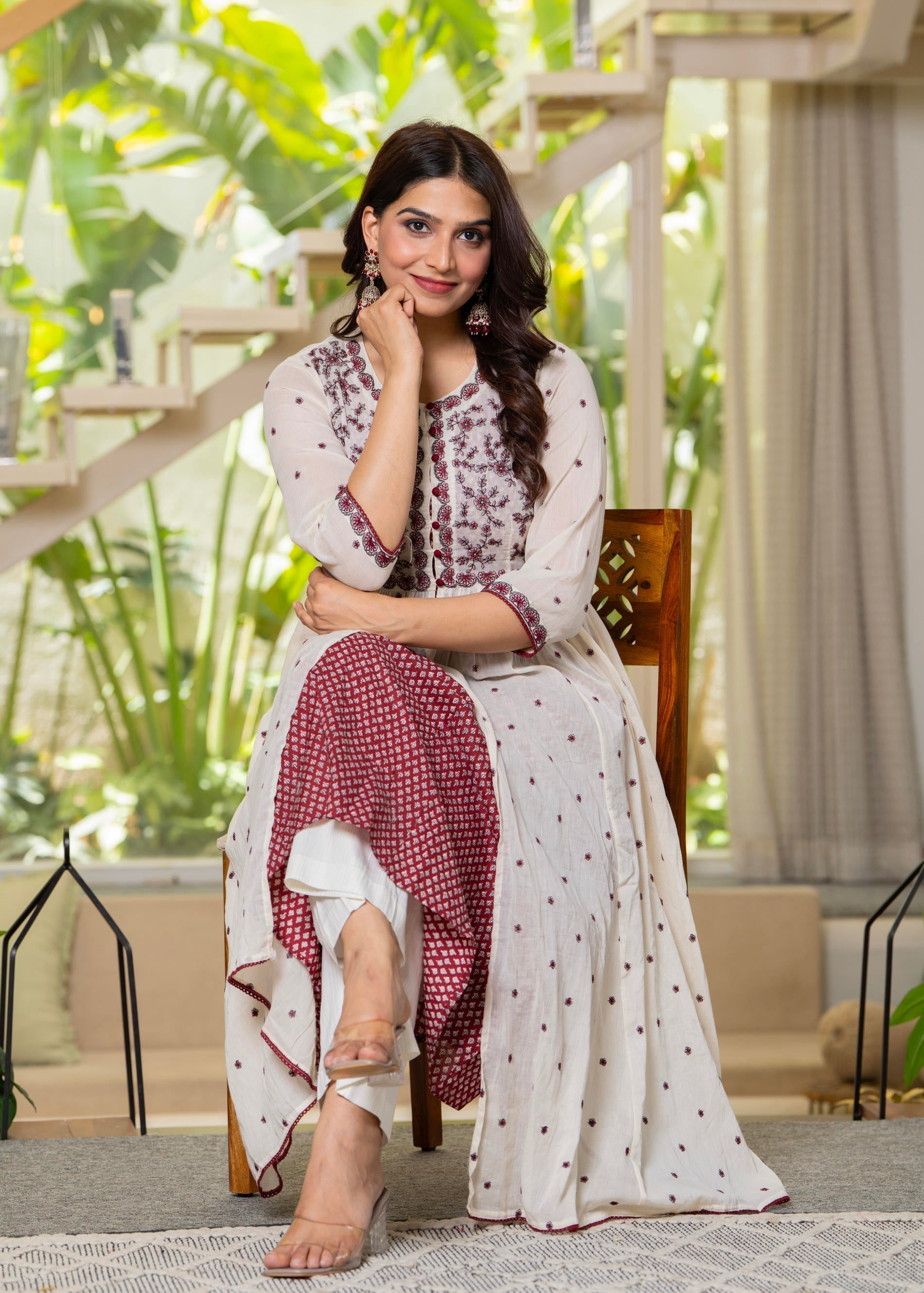 Cotton Fit & Flare Layered Dress with Thread Work & Buttons | DesiQlo
