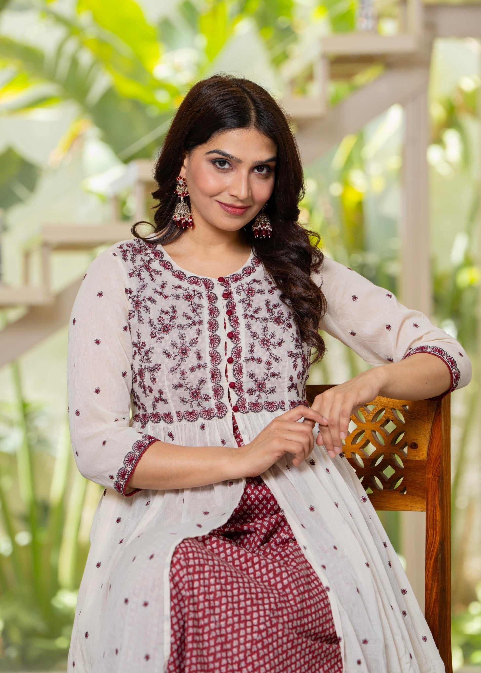 Cotton Fit & Flare Layered Dress with Thread Work & Buttons | DesiQlo