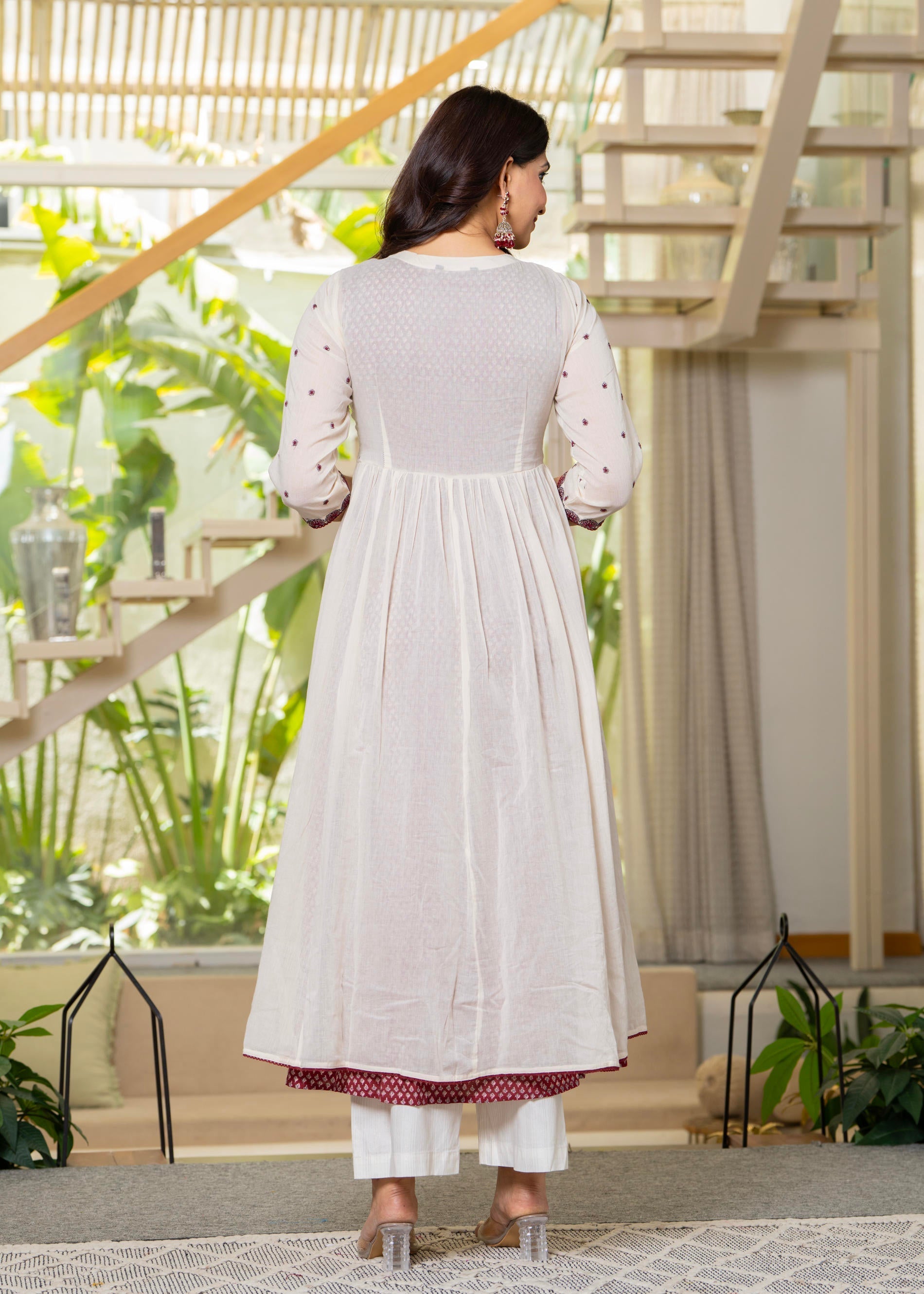 Cotton Fit & Flare Layered Dress with Thread Work & Buttons | DesiQlo