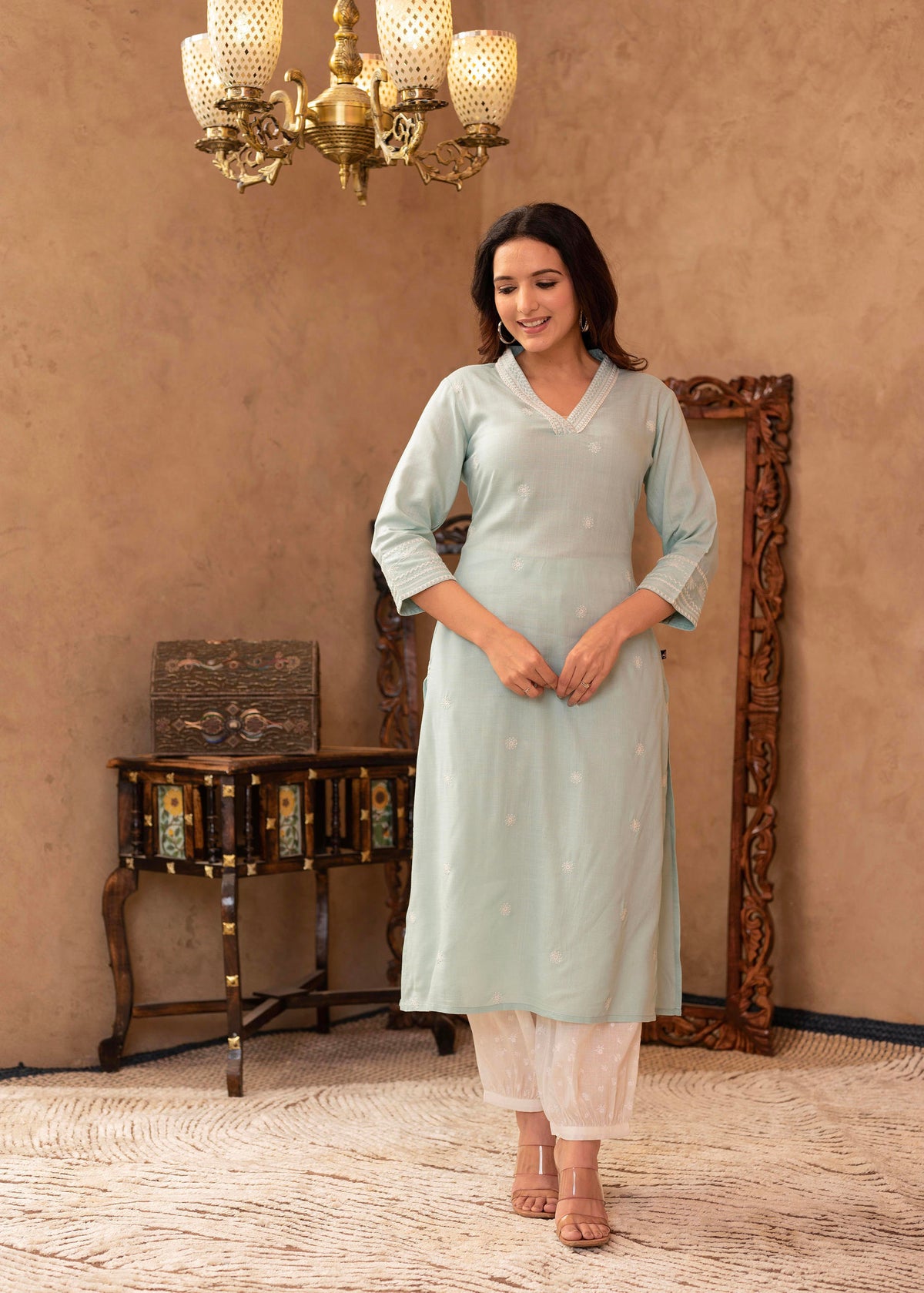 Aqua Viscose Kurta & Pant Set with Thread Work & Lace-P1344AQUA_ON