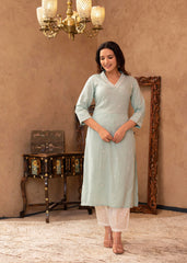 Aqua Viscose Kurta & Pant Set with Thread Work & Lace-P1344AQUA_ON