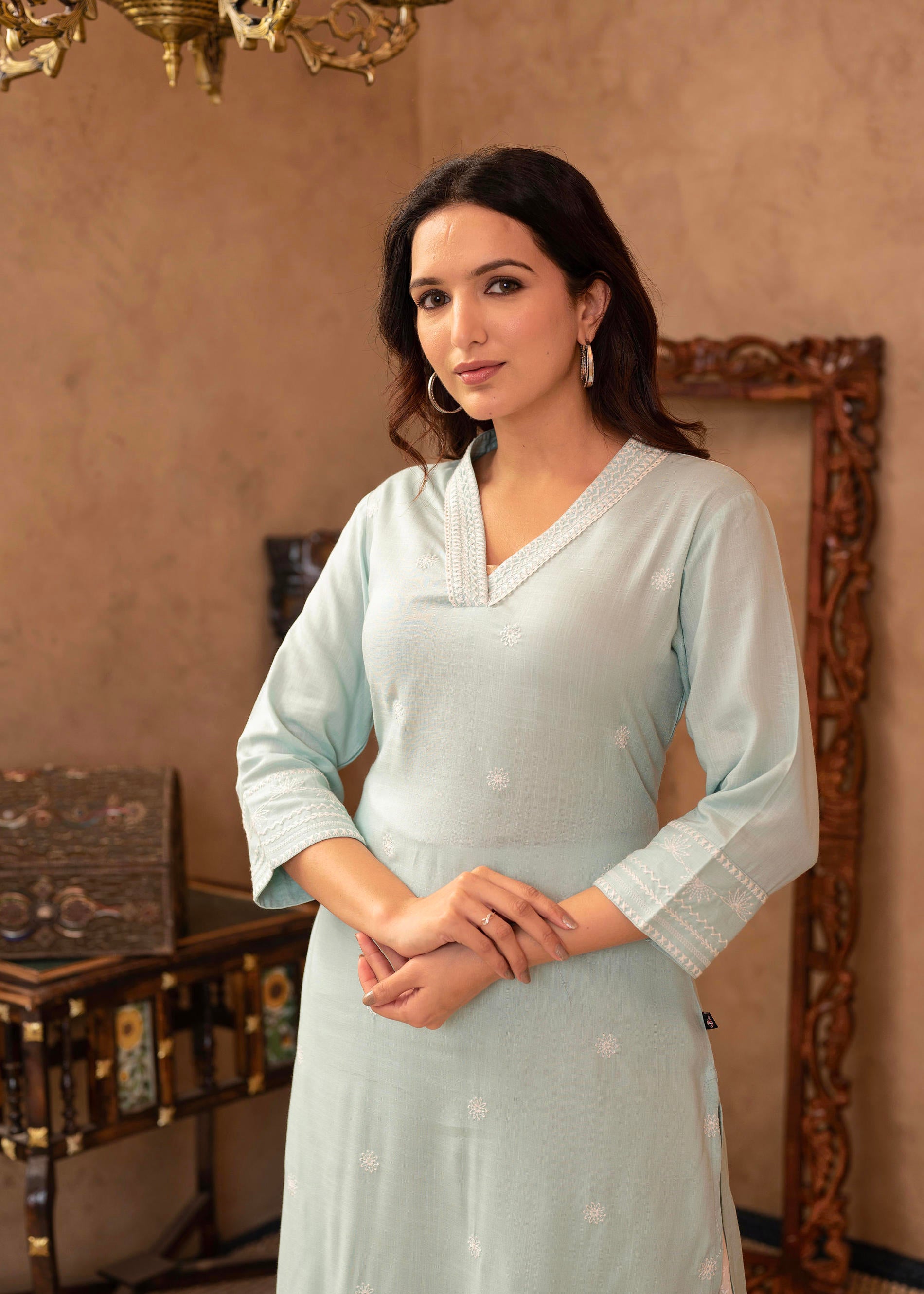 Aqua Viscose Kurta & Pant Set with Thread Work & Lace