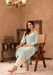 Aqua Viscose Kurta & Pant Set with Thread Work & Lace-P1344AQUA_ON