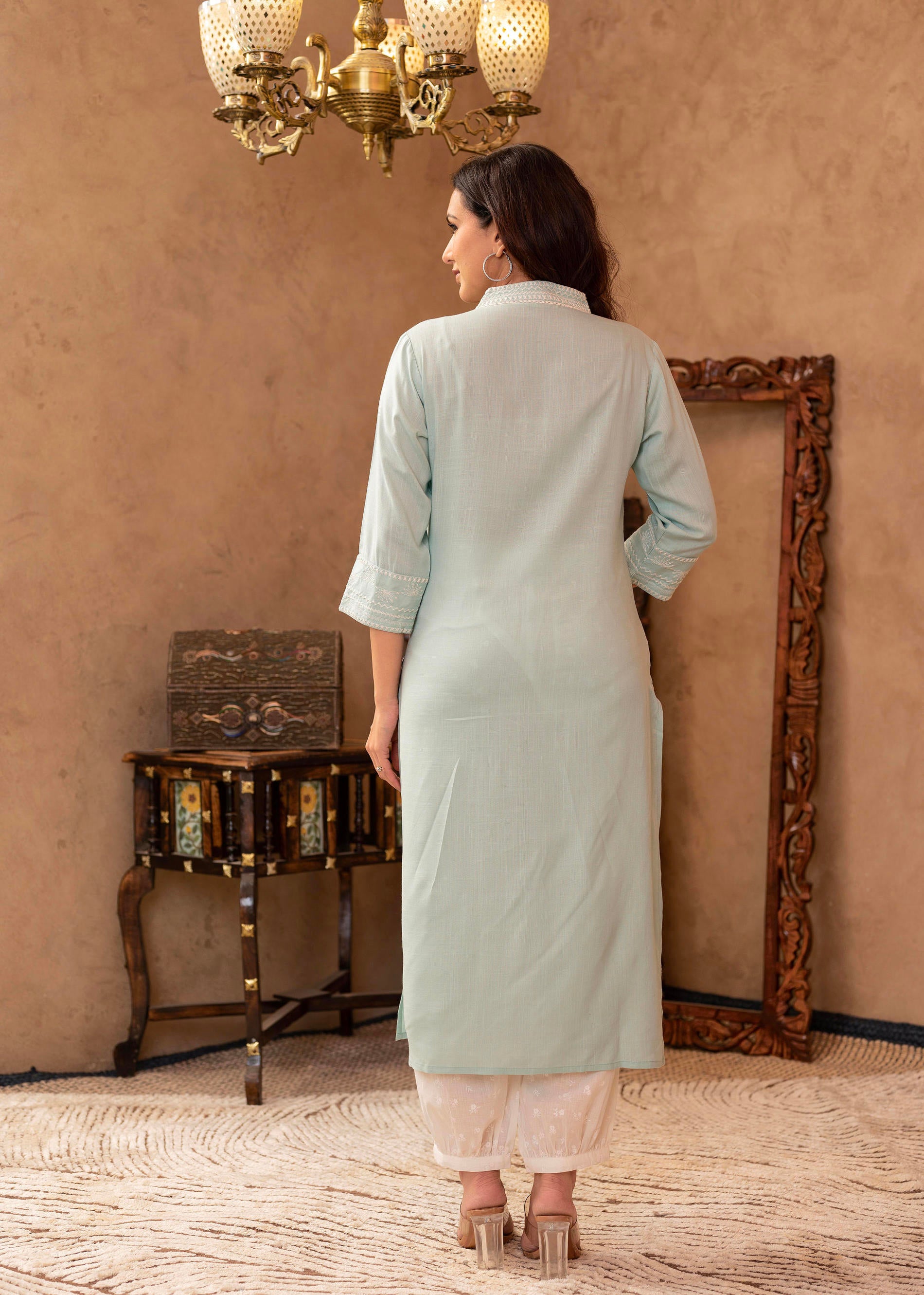 Aqua Viscose Kurta & Pant Set with Thread Work & Lace