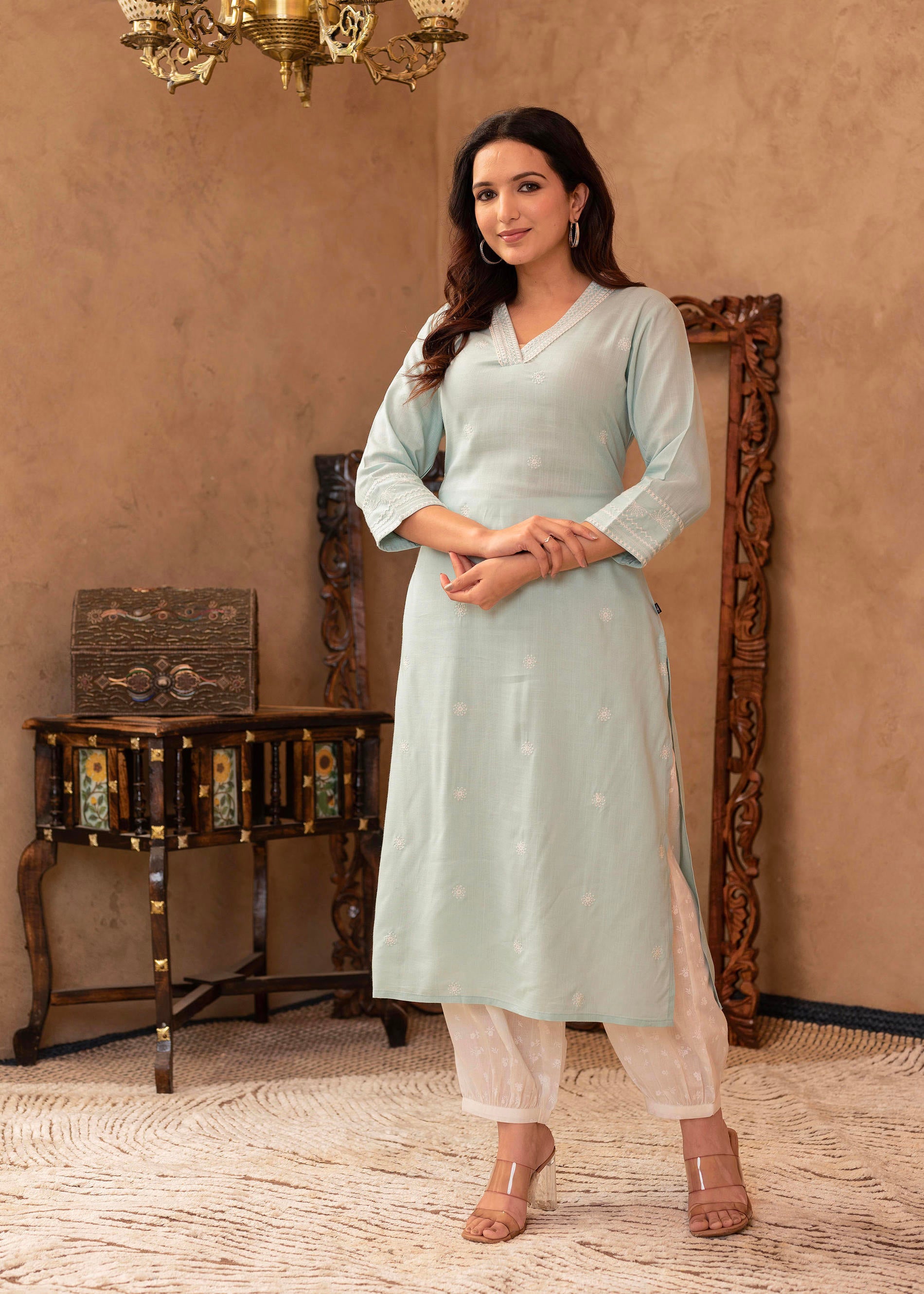 Aqua Viscose Kurta & Pant Set with Thread Work & Lace