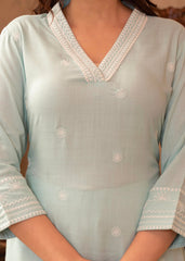 Aqua Viscose Kurta & Pant Set with Thread Work & Lace-P1344AQUA_ON