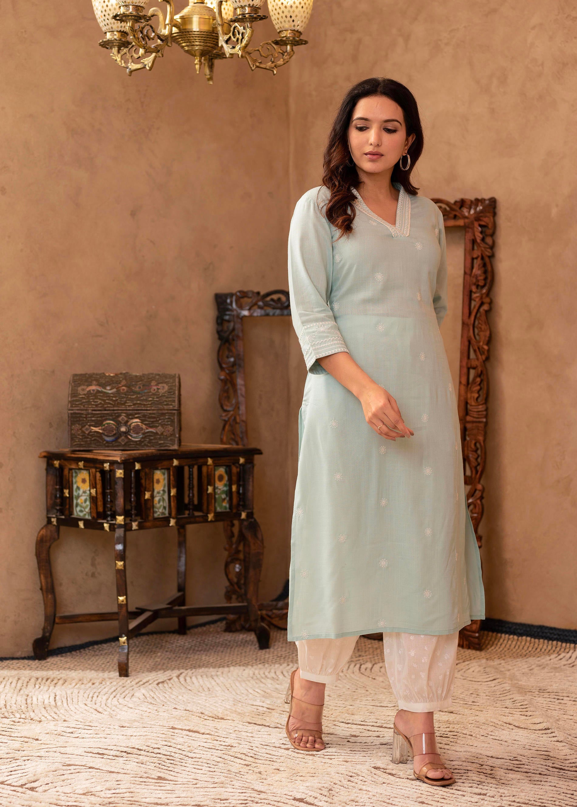 Aqua Viscose Kurta & Pant Set with Thread Work & Lace