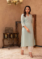 Aqua Viscose Kurta & Pant Set with Thread Work & Lace-P1344AQUA_ON