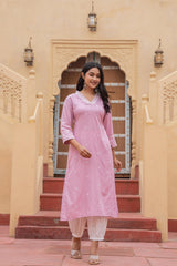 Pink Embroidered Viscose Kurta with Printed Cotton Pant-P1344PINK