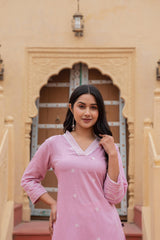 Pink Embroidered Viscose Kurta with Printed Cotton Pant-P1344PINK