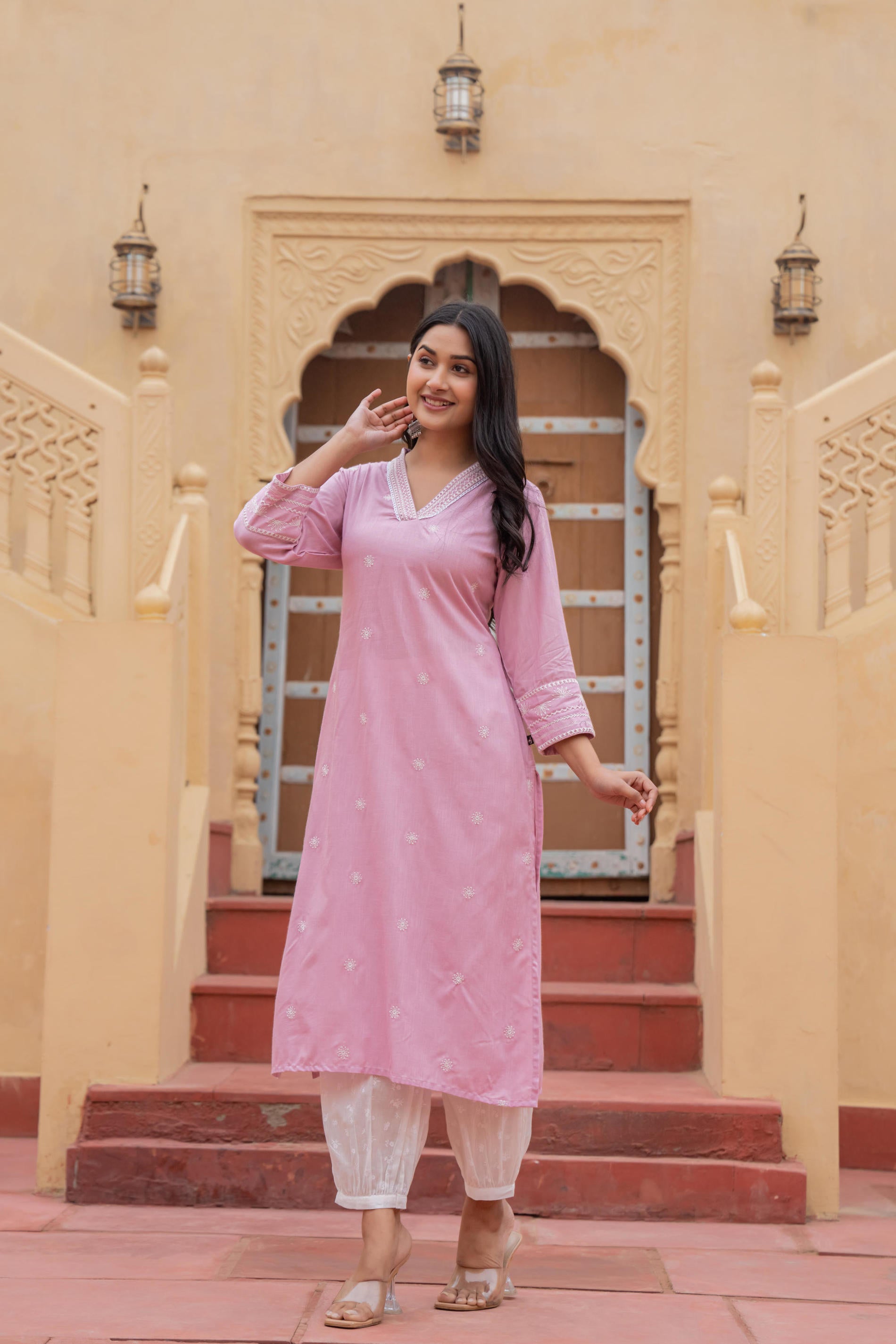 Pink Embroidered Viscose Kurta with Printed Cotton Pant