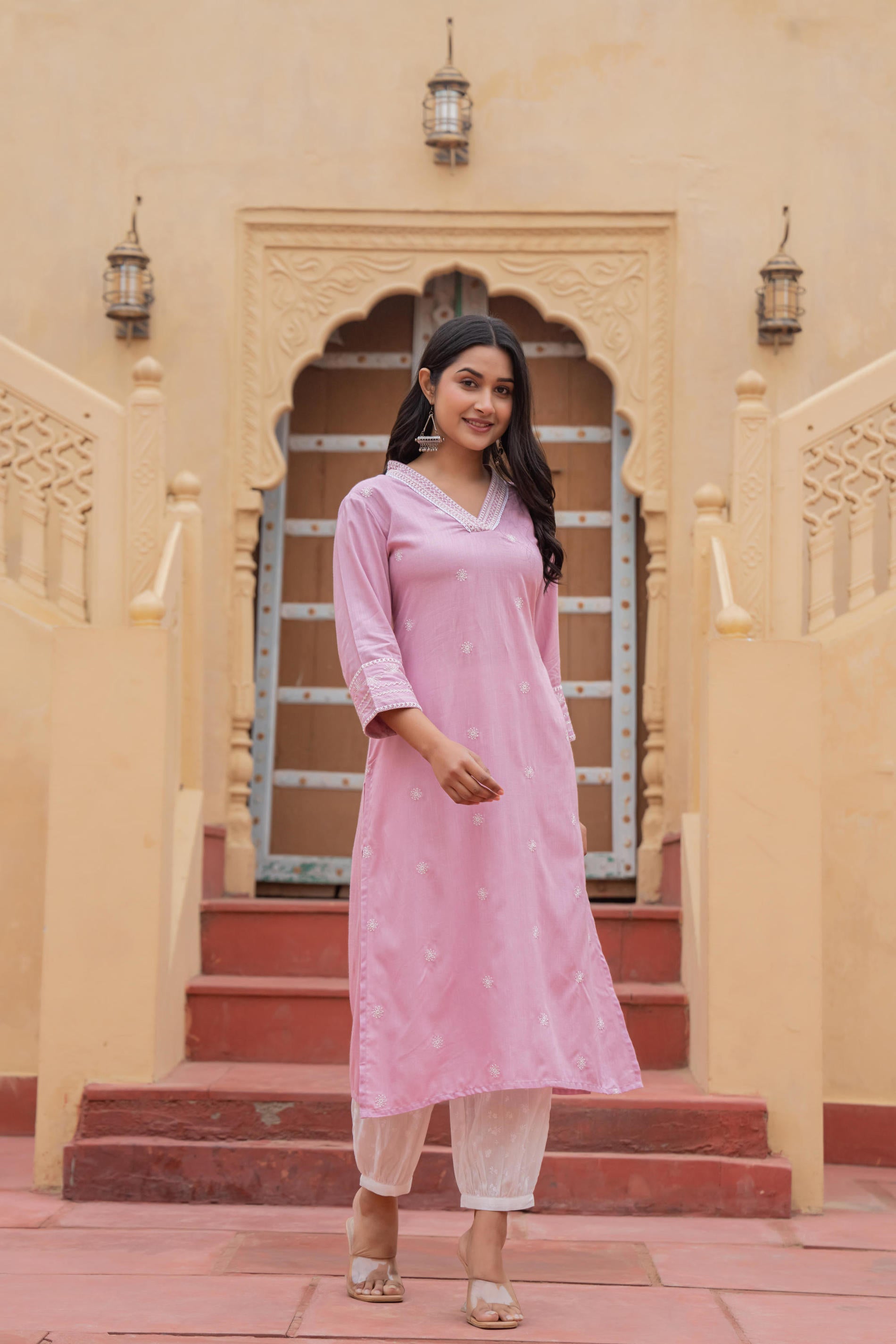 Pink Embroidered Viscose Kurta with Printed Cotton Pant