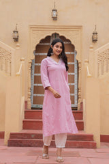 Pink Embroidered Viscose Kurta with Printed Cotton Pant-P1344PINK