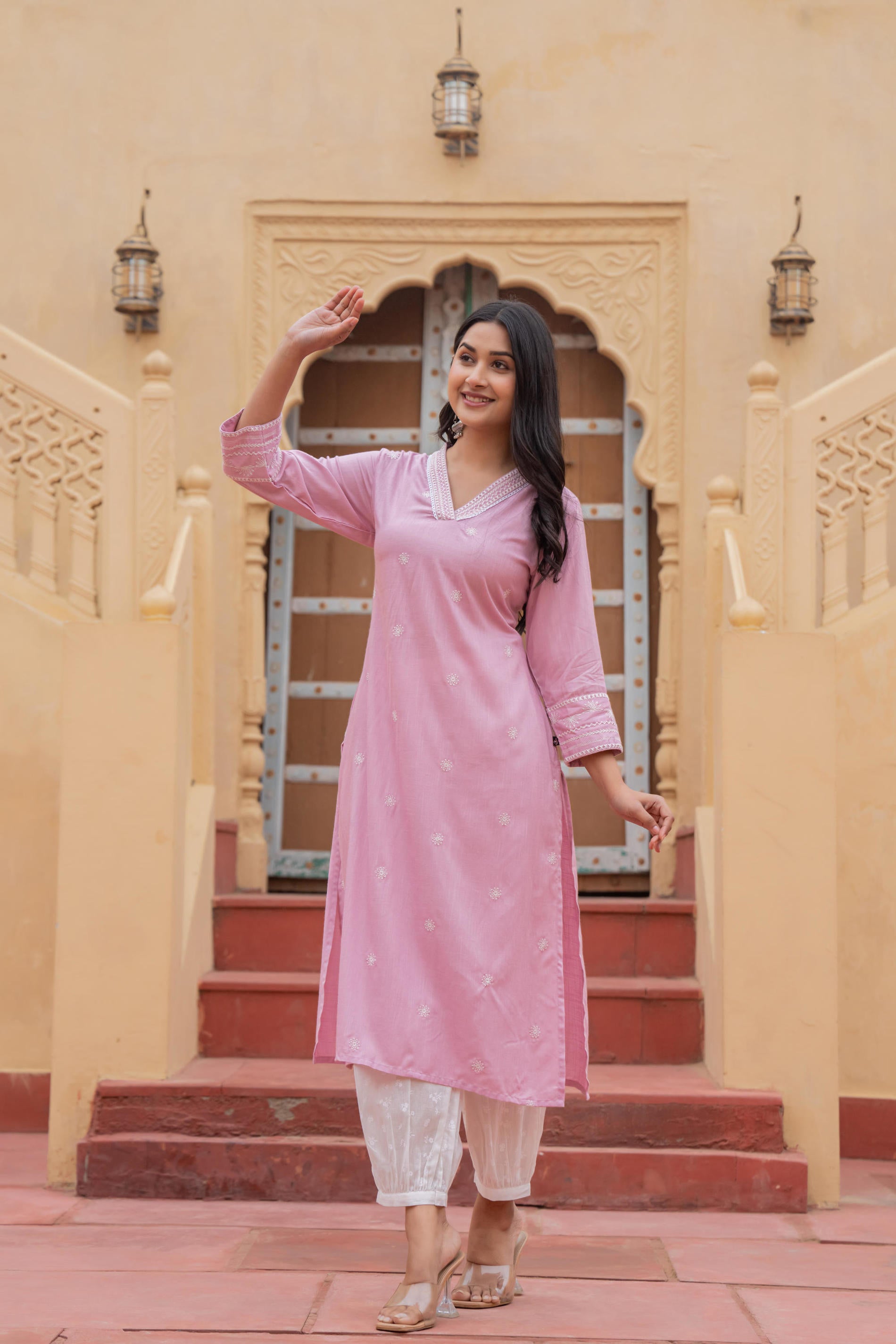 Pink Embroidered Viscose Kurta with Printed Cotton Pant