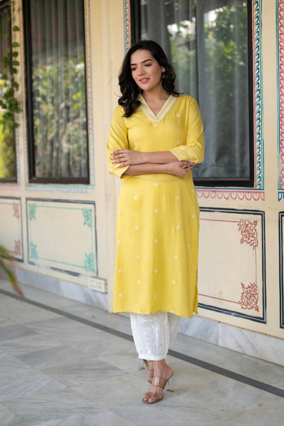 Yellow Embroidered Viscose Kurta with Printed Cotton Pant-P1344YELLOW