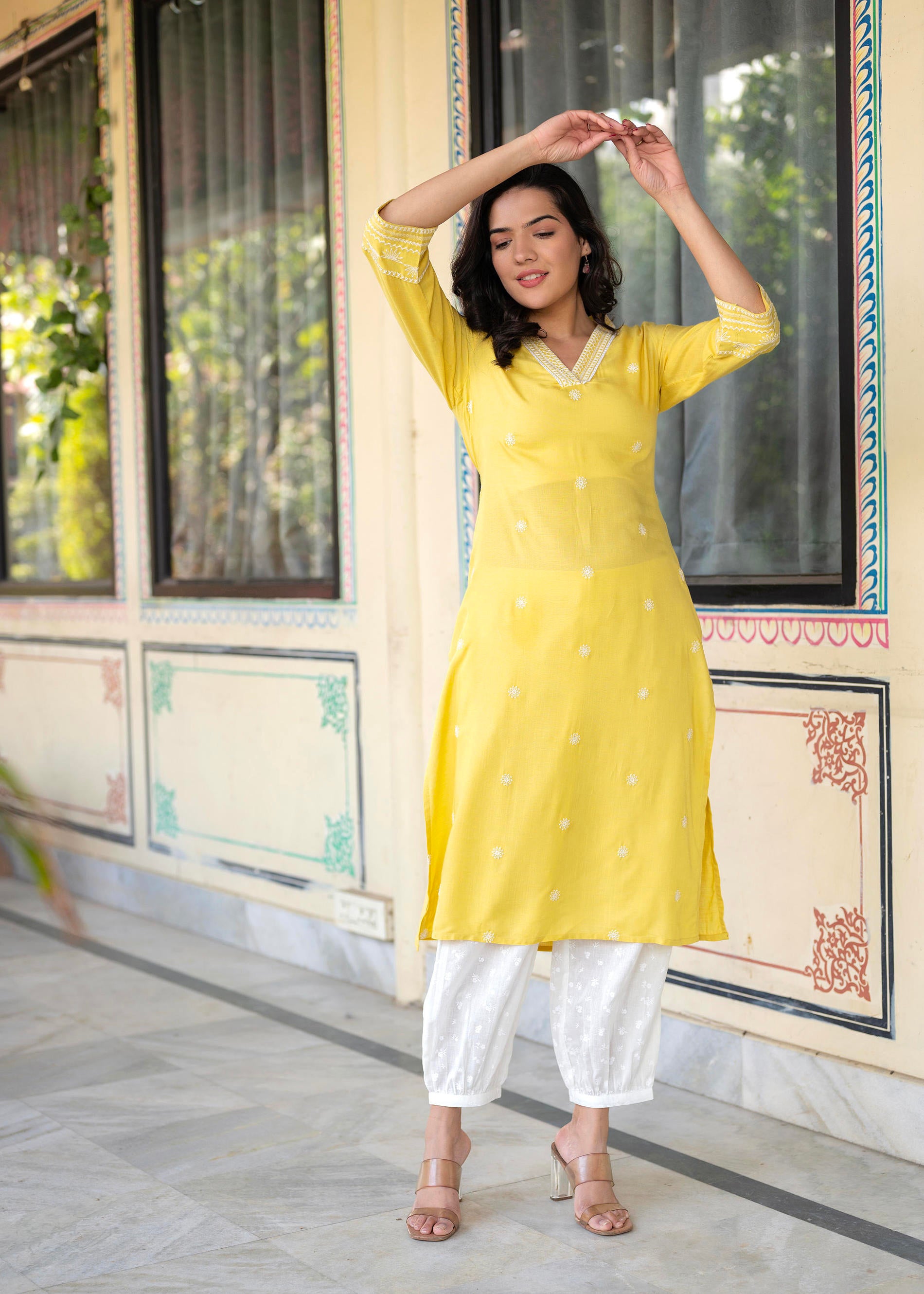 Yellow Embroidered Viscose Kurta with Printed Cotton Pant