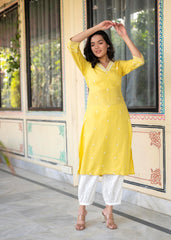 Yellow Embroidered Viscose Kurta with Printed Cotton Pant-P1344YELLOW