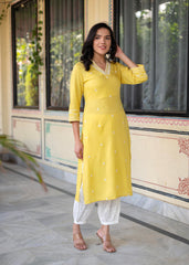 Yellow Embroidered Viscose Kurta with Printed Cotton Pant-P1344YELLOW