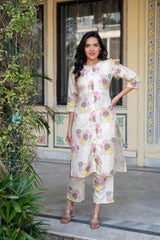 Ivory Floral Viscose Kurta with Printed Cotton Pant & Button Details-P1345IVORY