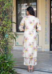 Ivory Floral Viscose Kurta with Printed Cotton Pant & Button Details-P1345IVORY