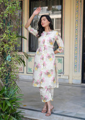 Ivory Floral Viscose Kurta with Printed Cotton Pant & Button Details-P1345IVORY