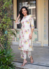 Ivory Floral Viscose Kurta with Printed Cotton Pant & Button Details-P1345IVORY