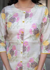 Ivory Floral Viscose Kurta with Printed Cotton Pant & Button Details-P1345IVORY