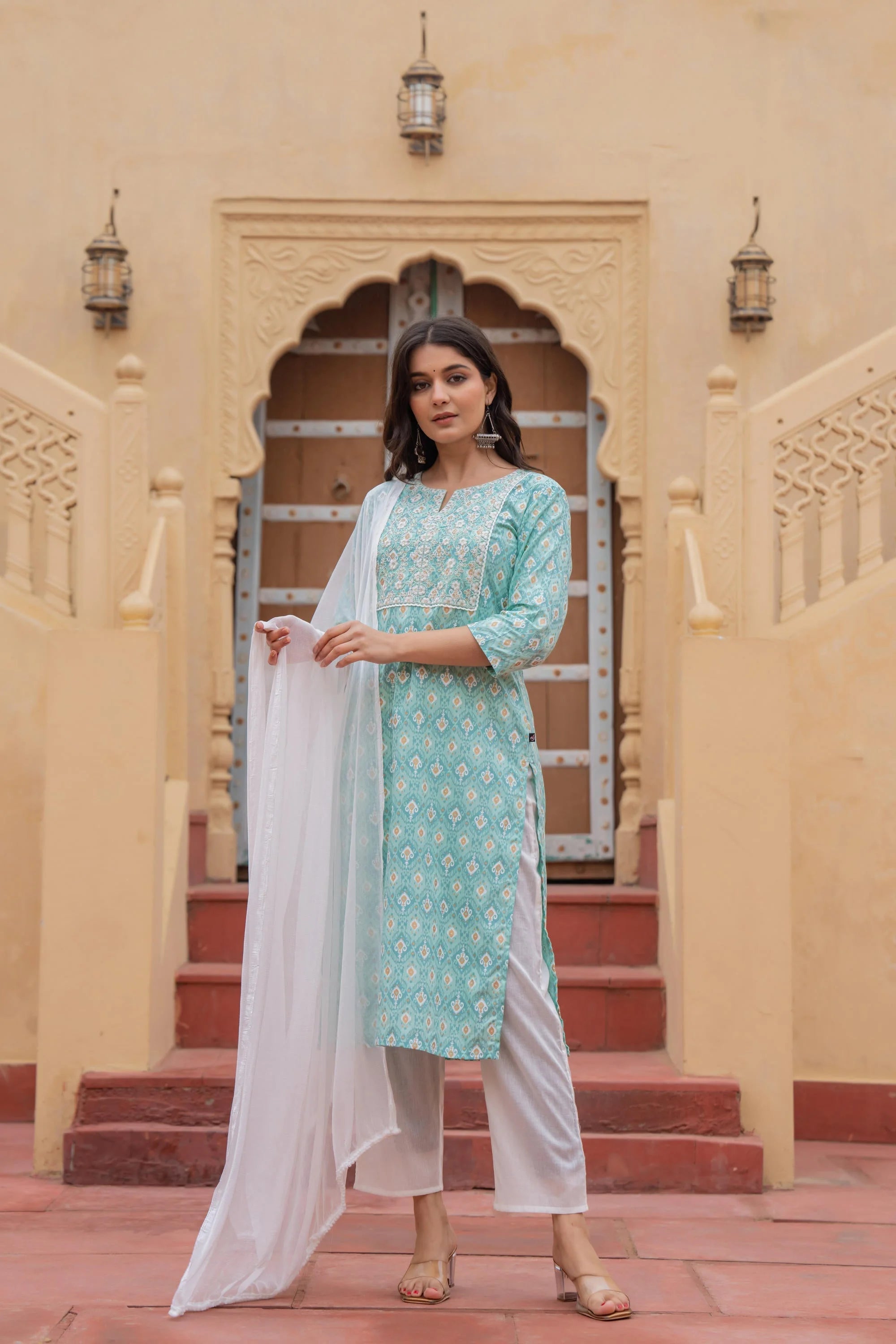 Light Blue Kurta Set: Viscose Ethnic Indian Salwar Kameez Suit...