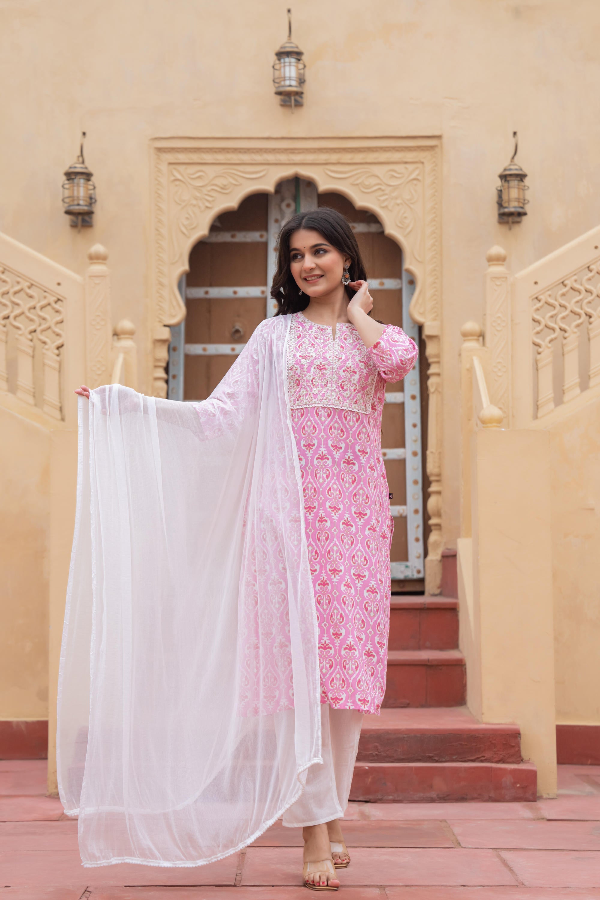 Pink Printed Kurta Set: Ethnic Viscose Indian Suit Set for Women