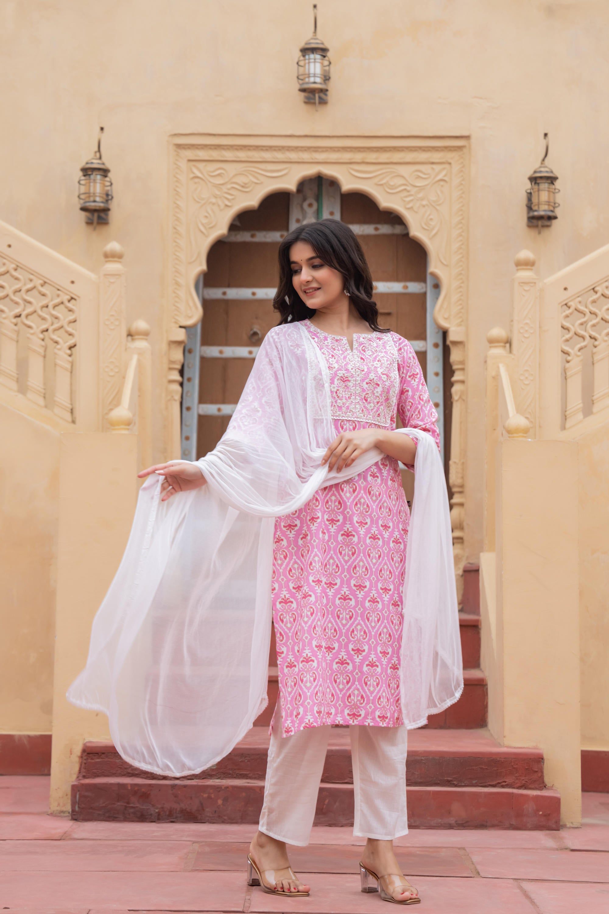 Pink Printed Kurta Set: Ethnic Viscose Indian Suit Set for Women