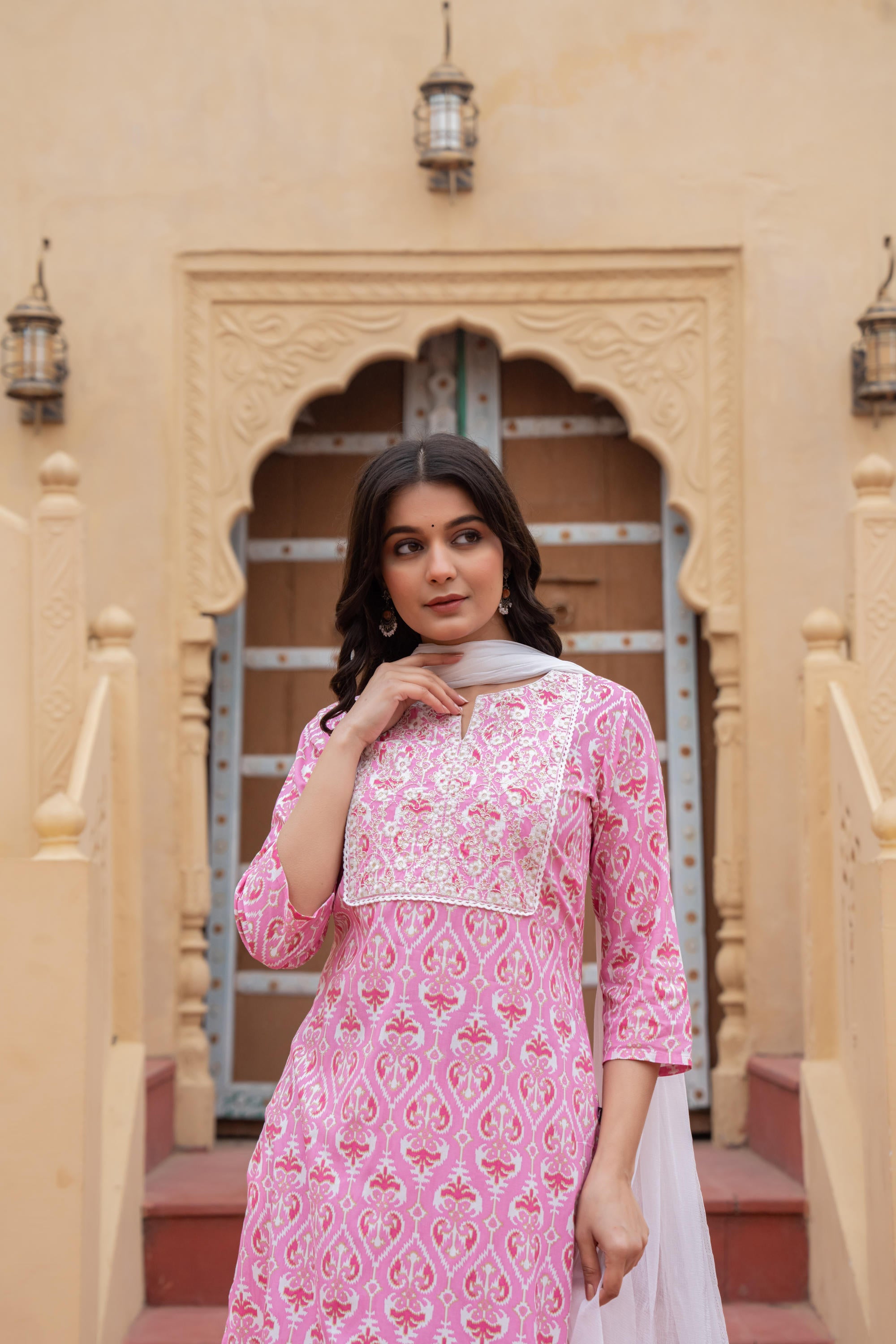 Pink Printed Kurta Set: Ethnic Viscose Indian Suit Set for Women