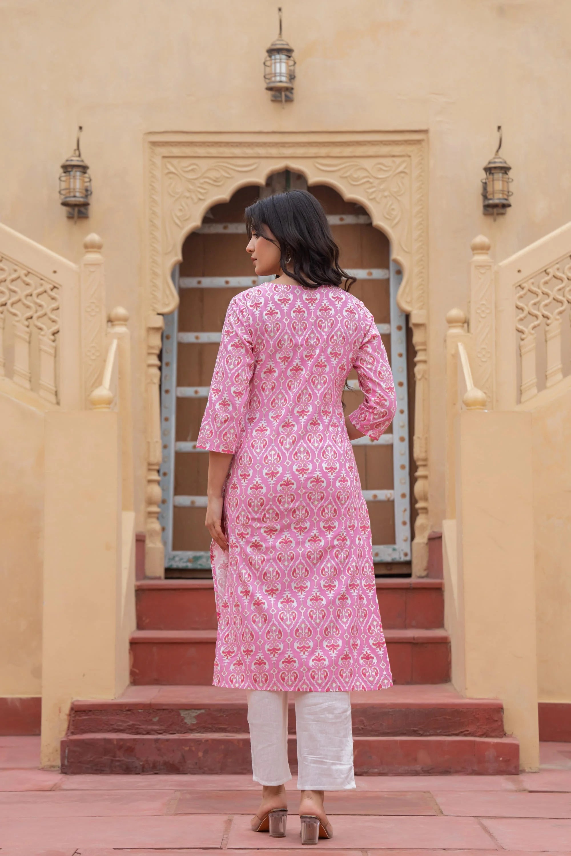 Pink Printed Kurta Set: Ethnic Viscose Indian Suit Set for Women