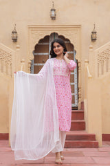 Pink Ethnic Motif Printed Viscose Kurta Set With Sequin & Thread Work-P1347PINK