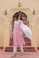 Pink Ethnic Motif Printed Viscose Kurta Set With Sequin & Thread Work-P1347PINK