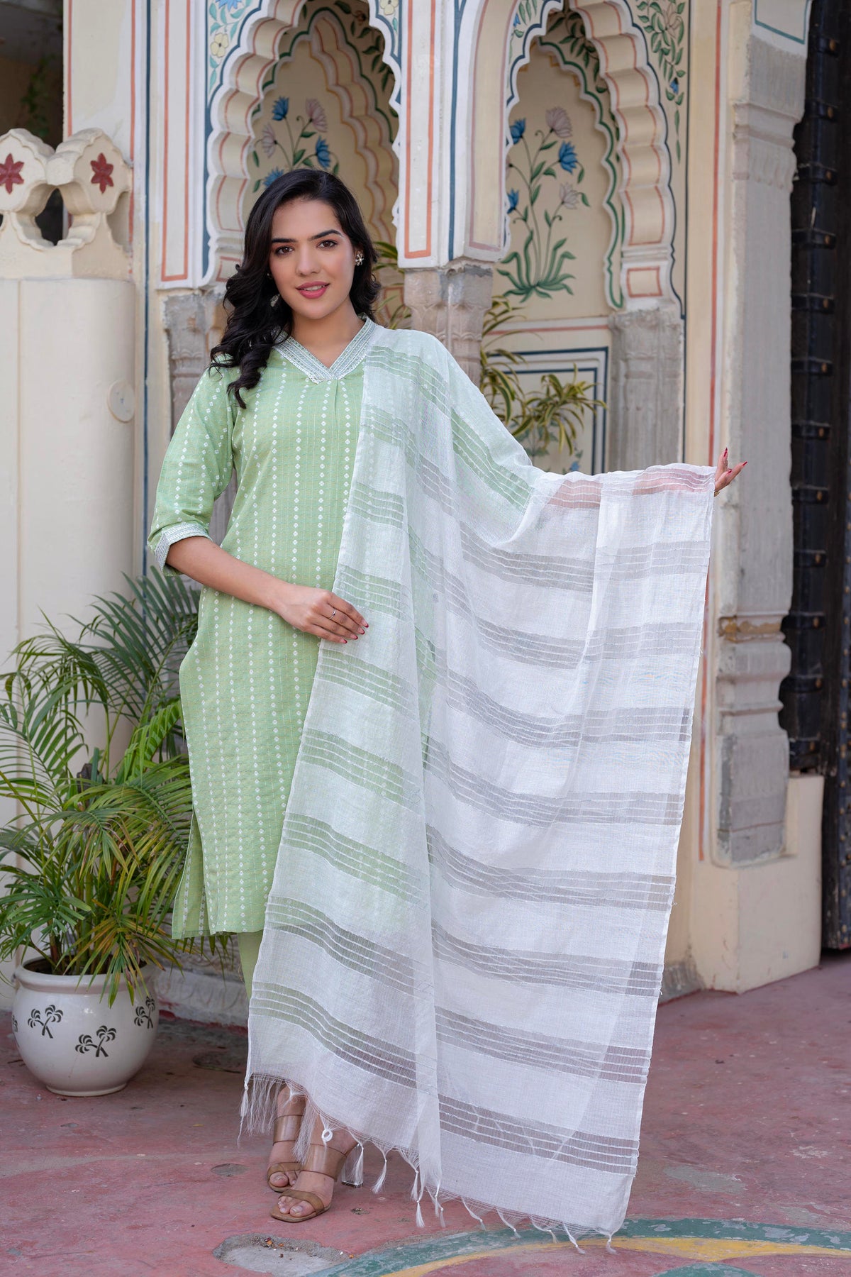 Sage Green Brocade Kurta-Pant & Dupatta Set with Sequins-P1348SAGEGREEN