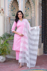 Pink Brocade Kurta-Pant & Dupatta Set with Sequins & Tassels-P1349PINK