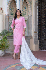 Pink Brocade Kurta-Pant & Dupatta Set with Sequins & Tassels-P1349PINK