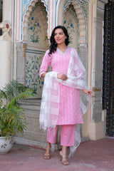 Pink Brocade Kurta-Pant & Dupatta Set with Sequins & Tassels-P1349PINK
